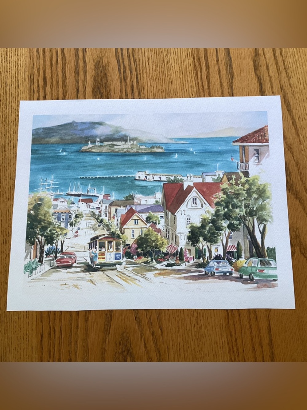 San Francisco harbor Scene Watercolor Art Print in Blue and Red